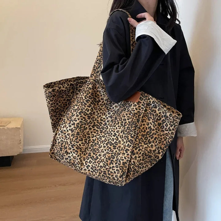 Oversized Leopard Print Canvas Tote Bag