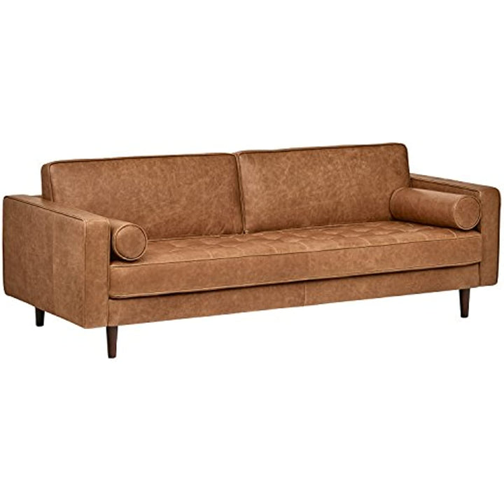 SkandiShop Mid-Century Modern Leather Sofa Couch, 86.6"W, Cognac